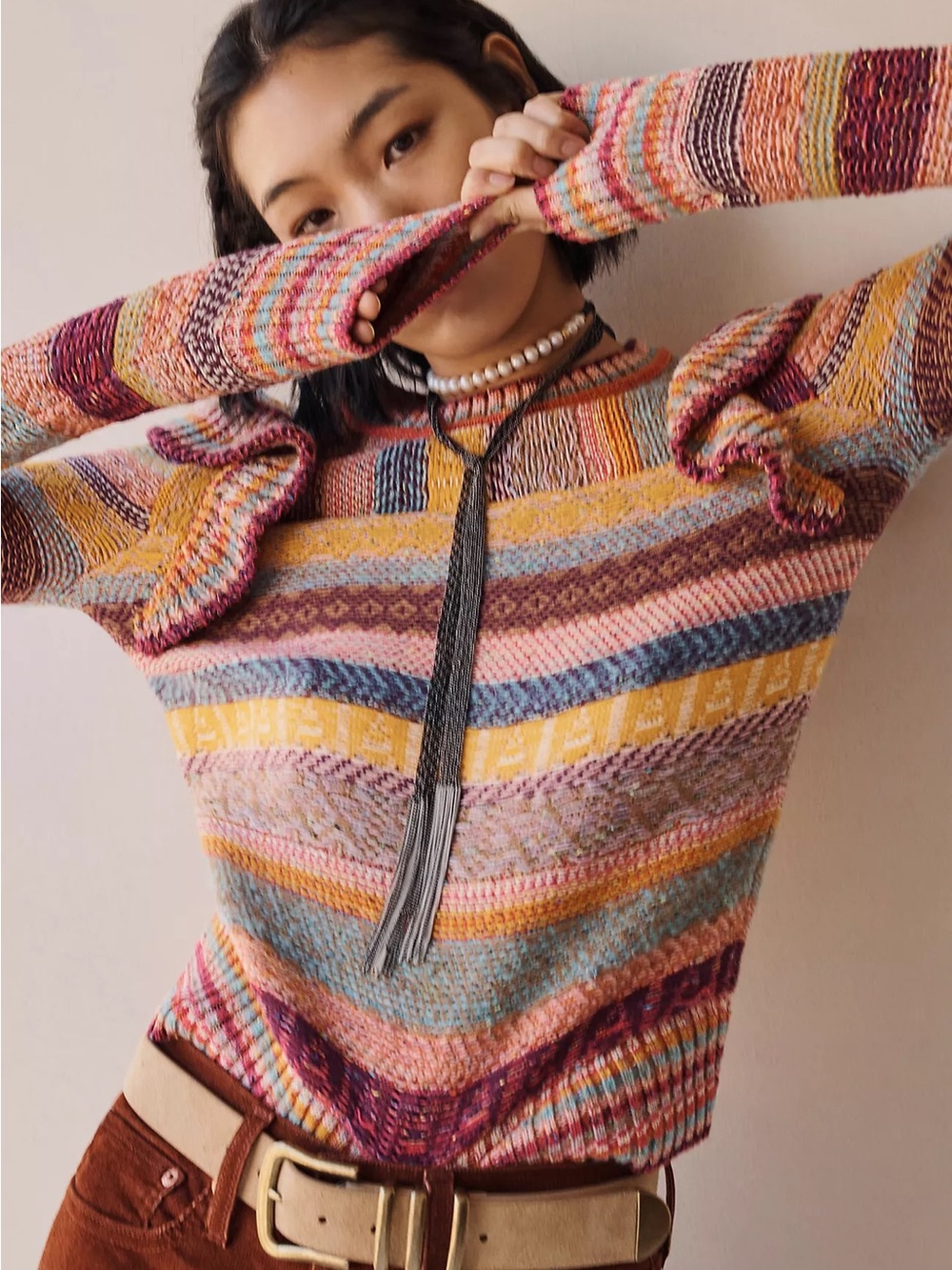 Pilcro Striped Ruffle-Shoulder Crewneck Sweater in Pink, Blue & Yellow 2X - Picture 3 of 11